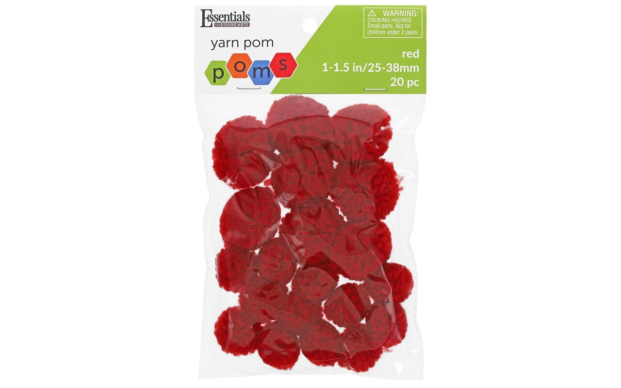 Essentials by Leisure Arts Yarn Pom Poms - Red - 1" to 1.5" - 20 piece pom poms arts and crafts - gray pompoms for crafts - craft pom poms - puff balls for crafts